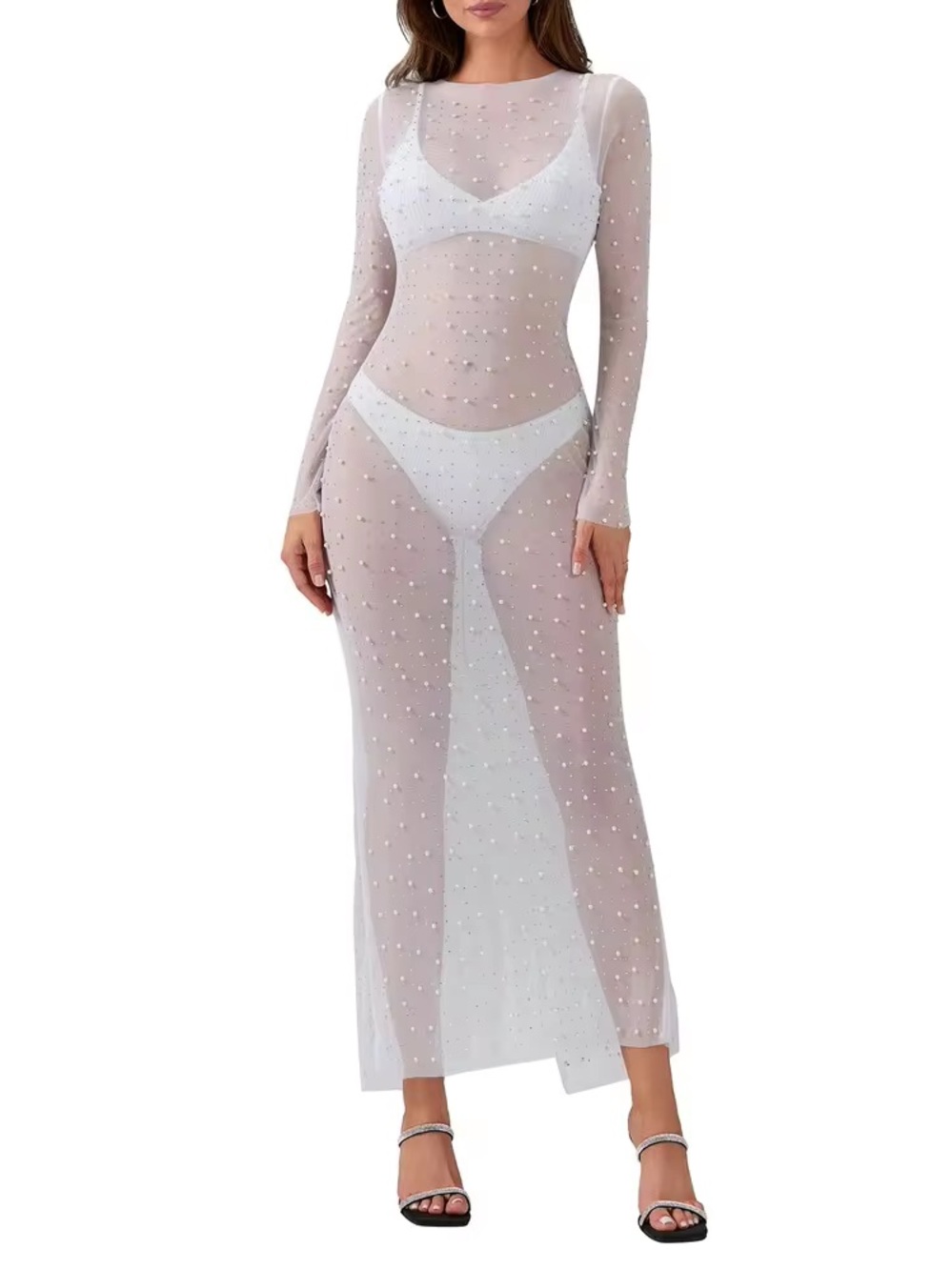 Sheer Long-Sleeve Pearl-Embellished White Mesh Maxi Dress